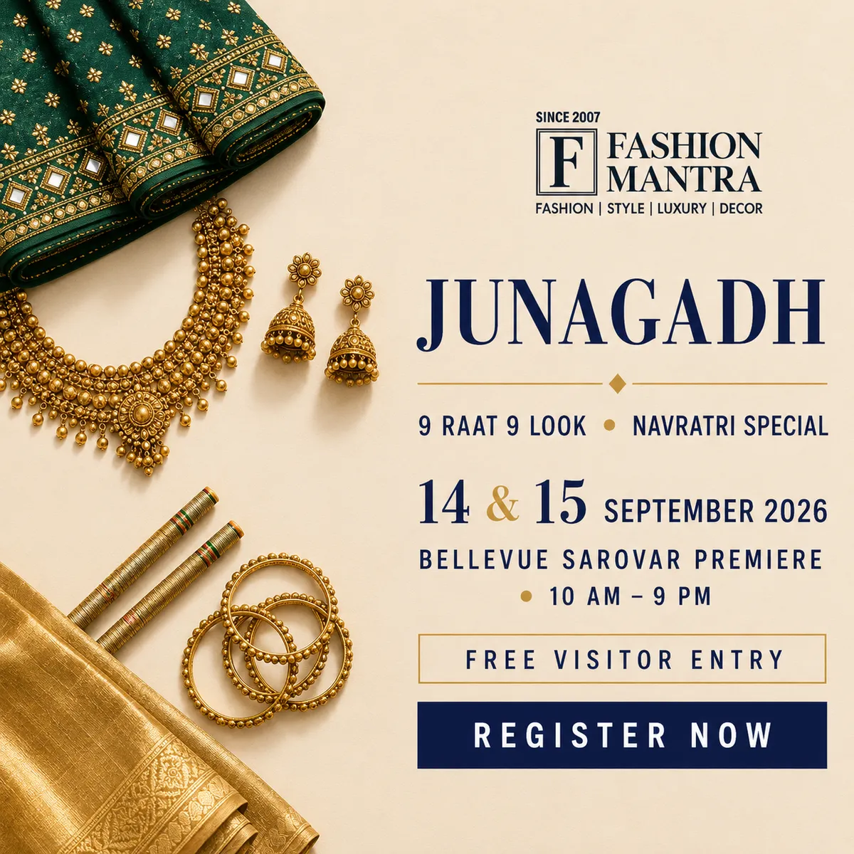 Fashion Mantra Exhibition in Bellevue Sarovar Premiere, Junagadh - JUNAGADH 9 RAAT 9 LOOK 2026 Banner